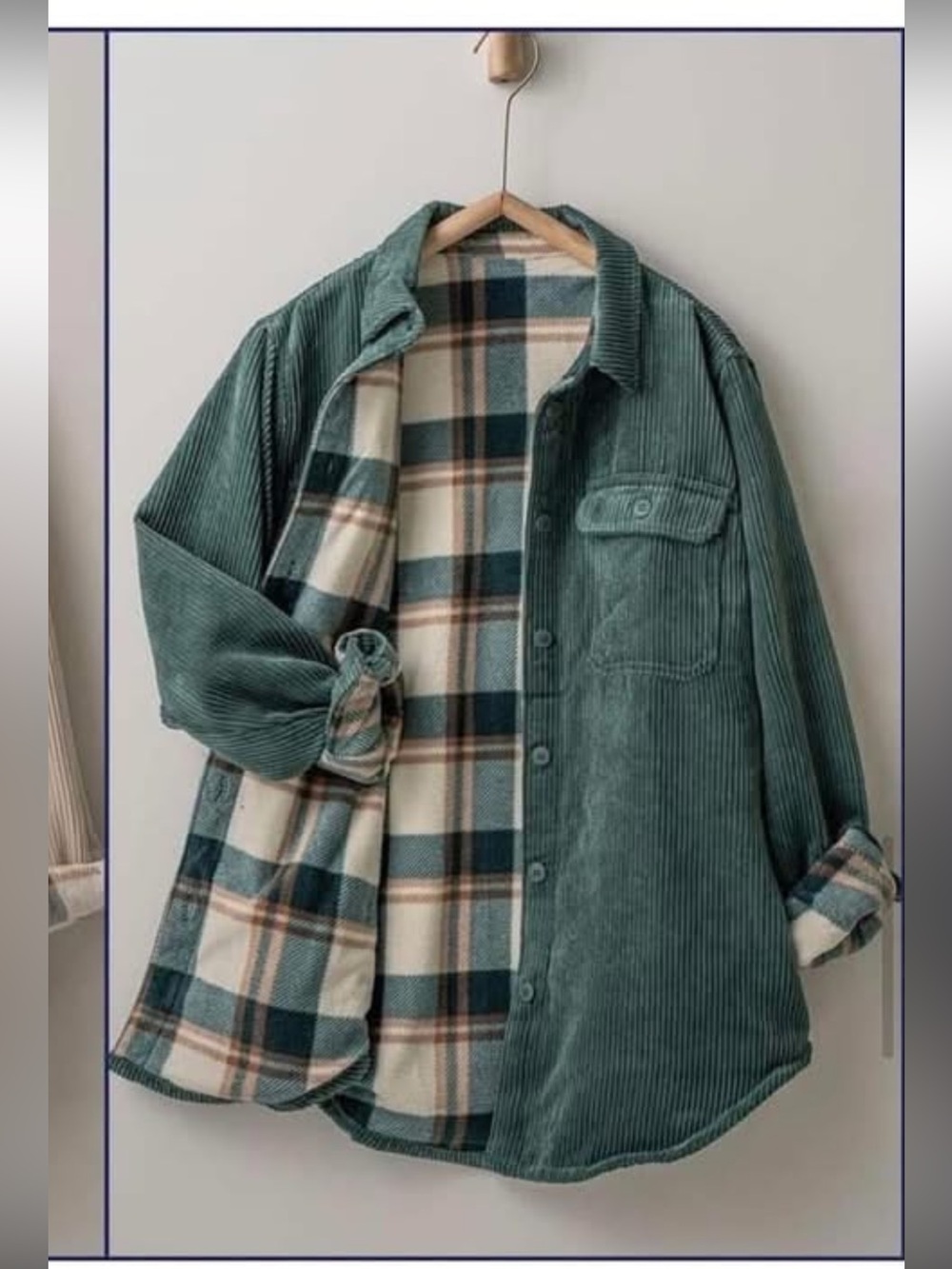 Corduroy and Plaid Reversible Shacket 💚